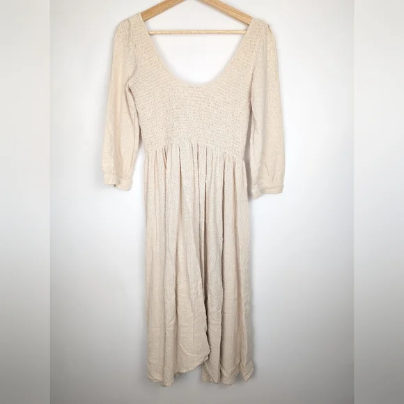 Cream Button Cotton Dress 3/4 Length Smocked Boho Earthy Size Medium - Picture 4 of 8